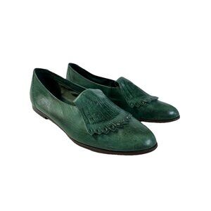 Vtg 9 West Nine West Green Womens Size 7.5M Leather Fringe Loafers Flats N-Sadie